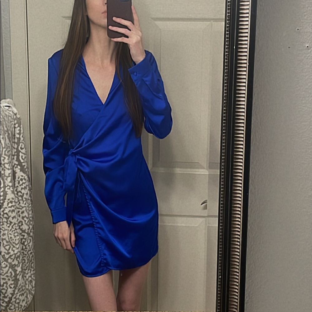 Royal Blue Satin Wrap Mini Dress